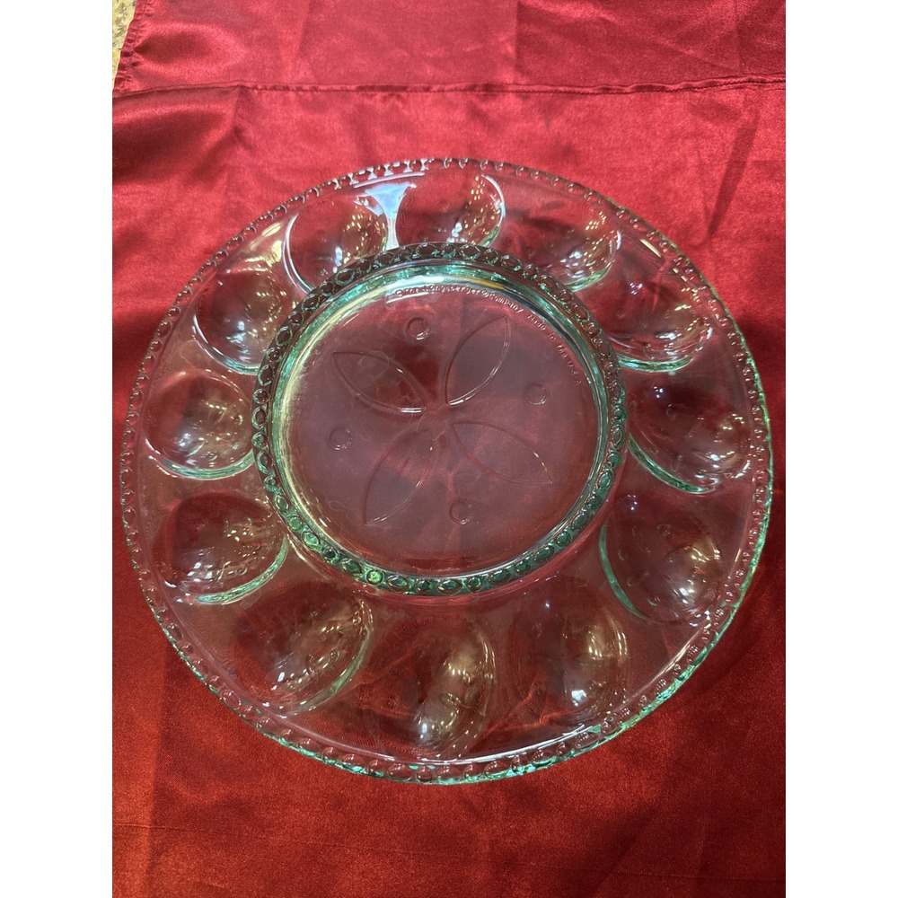 Longaberger Clear Glass‎ Deviled Egg Platter 12 Slot Beaded Rim Made in USA 10in